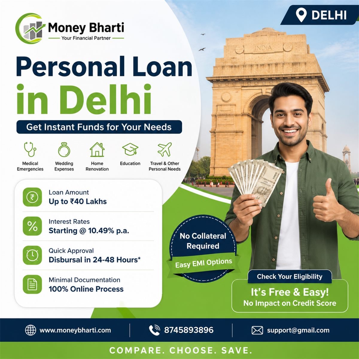 Personal Loan in Delhi — Up to ₹40 Lakhs at Interest Rates Starting 10.49% p.a.